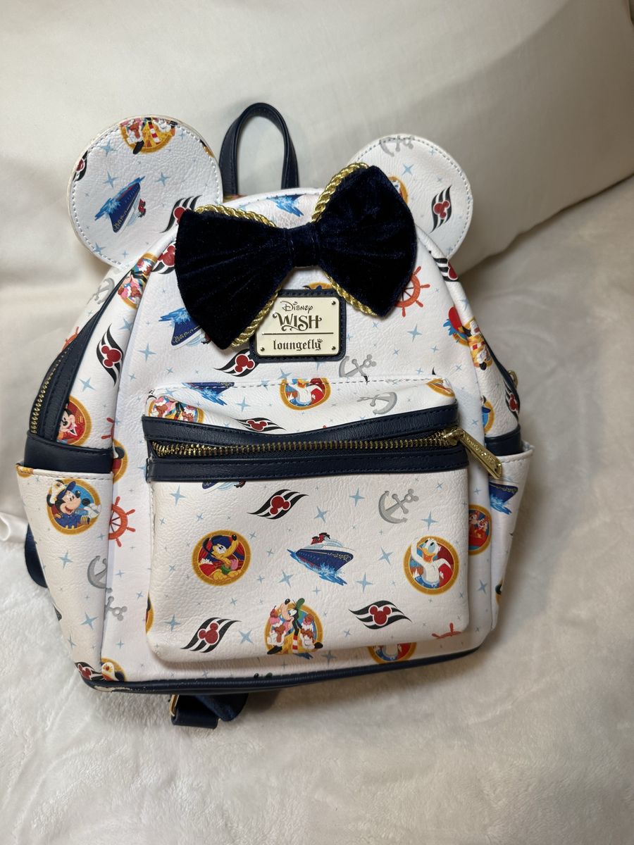 Loungefly Disney Wish Minnie Mouse Sequin Bow Mini Backpack Cruise Line White Nautical