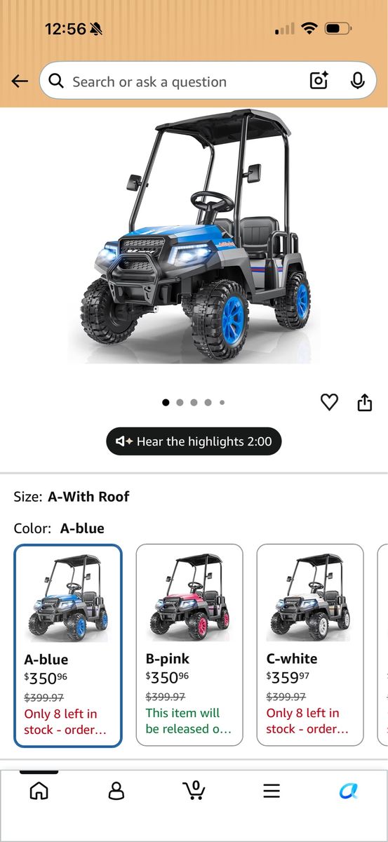 Go-Go Golf Racing Blue Ride-On Toy Golf Cart with Roof, Electric