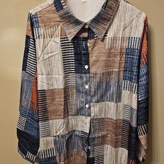 Unbranded Geometric Patchwork Long Sleeve Button-Down Shirt Size 1XL NEW