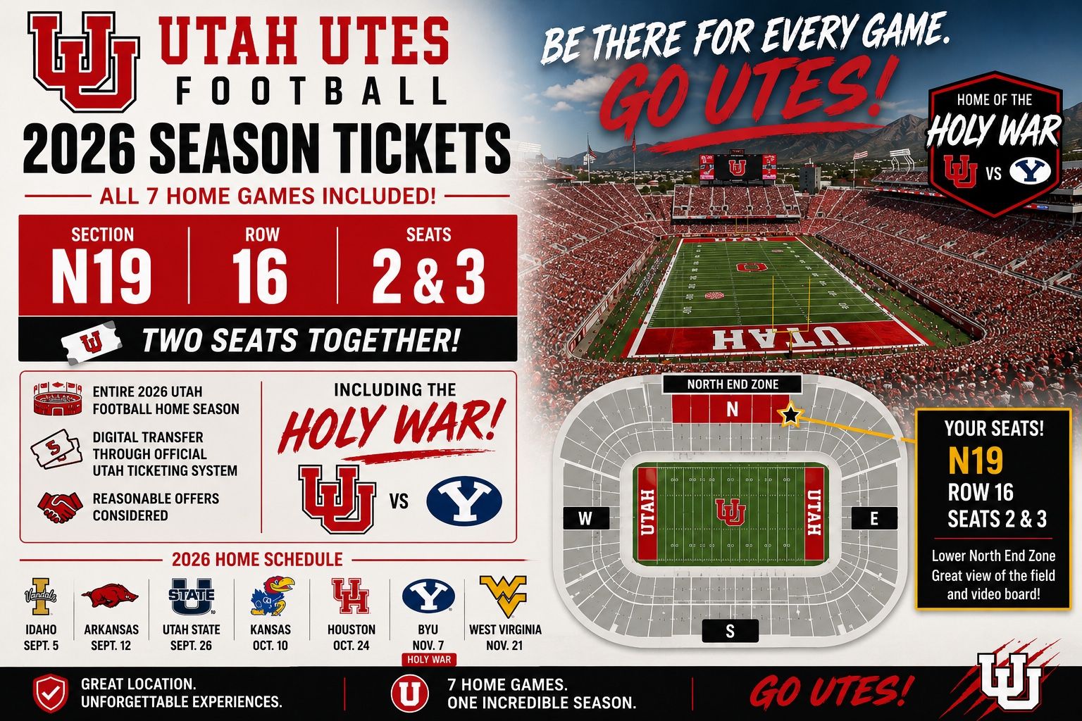 2026 Utah Utes Season Tickets – N19 Row 16 – 2 Seats – BYU Included