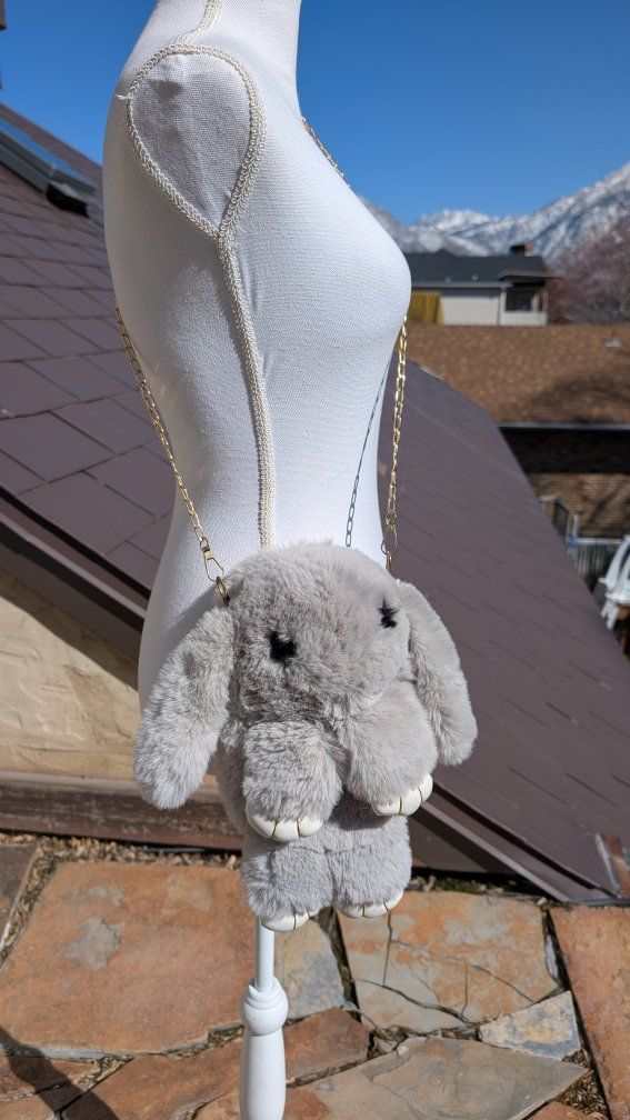 Super soft 13" Gray Bunny Cross Body Purse, large