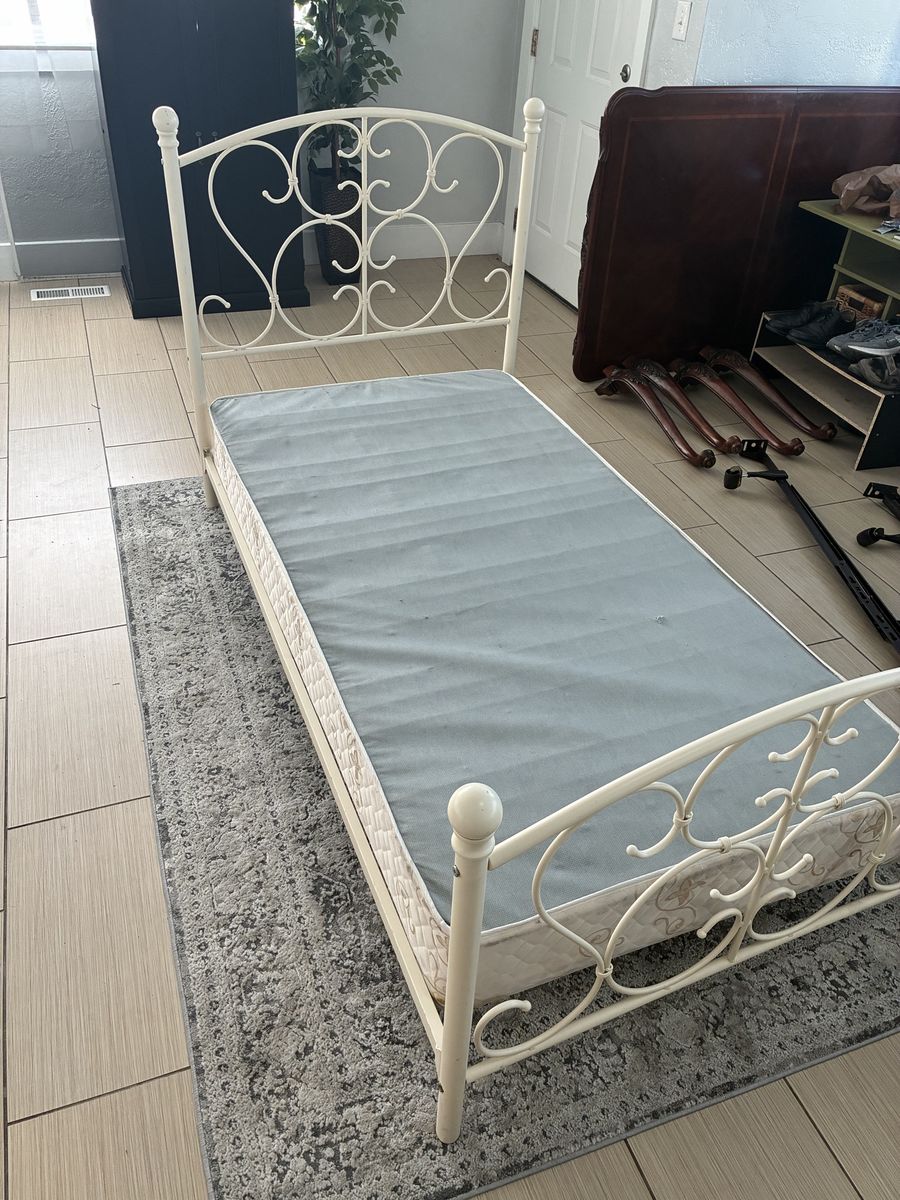 White Metal Twin Bed Frame with Ornate Headboard & Footboard & Included Box Spring