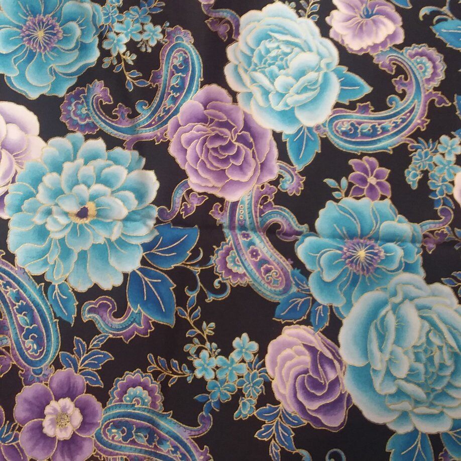 BLUE AND PURPLE PAISLEY FLOWERS..GOLD ACCENTS