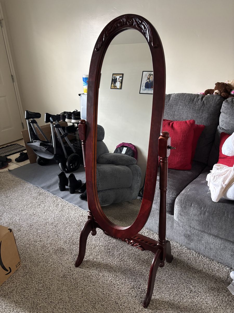 Cherry wood oval cheval mirror