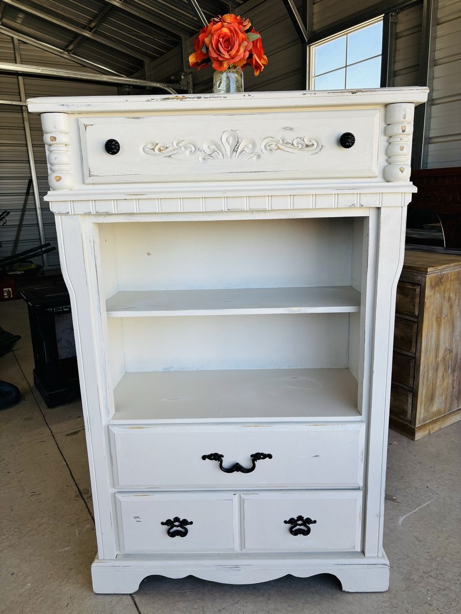 Shabby Chic White Wooden Bookshelf with Drawers - Distressed Finish