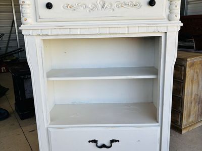 Shabby Chic White Wooden Bookshelf with Drawers - Distressed Finish