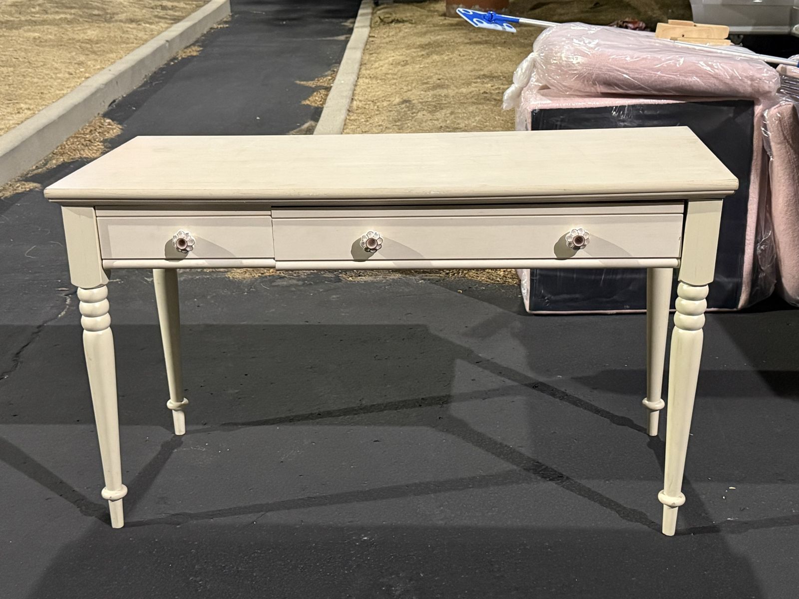 Vintage Cream Wood Desk with Three Drawers and Decorative Knobs