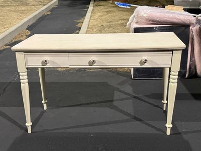 Vintage Cream Wood Desk with Three Drawers and Decorative Knobs