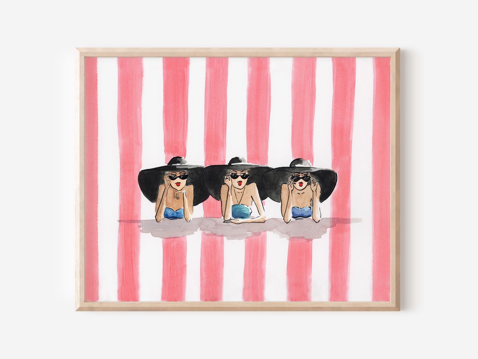 Friends at the Beach Print: Retro Fashion Illustration, Coastal Wall Art, Pink Stripes