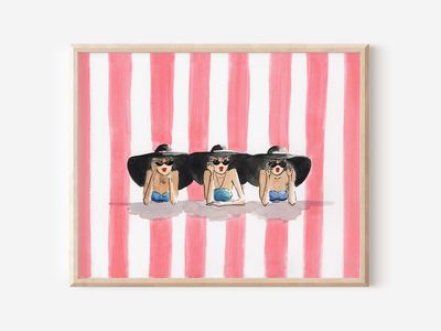 Friends at the Beach Print: Retro Fashion Illustration, Coastal Wall Art, Pink Stripes