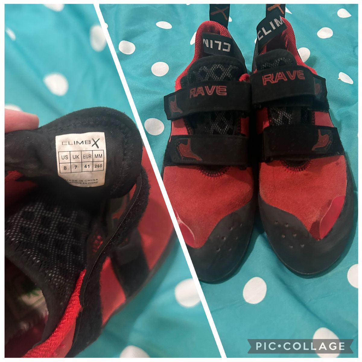 Climb X Rave Climbing Shoes - Men's US 8 / EU 41 Red/Black Velcro Closure