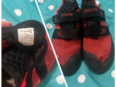 Climb X Rave Climbing Shoes - Men's US 8 / EU 41 Red/Black Velcro Closure