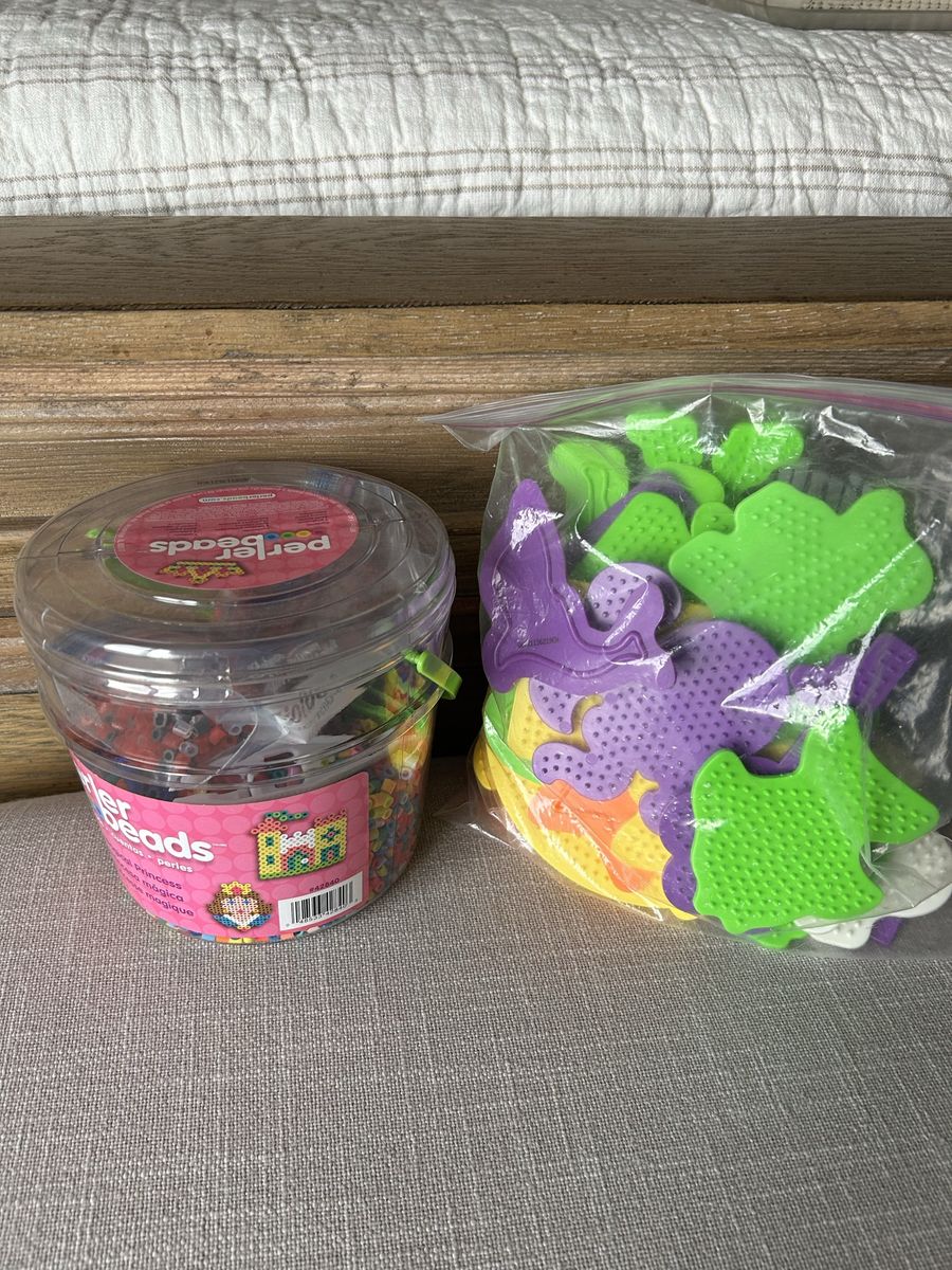 Perler Beads Bucket with Assorted Pegboards Set Used