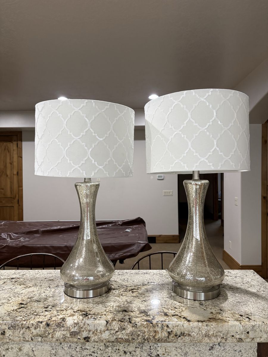 Set of 2 Silver Mercury Glass Table Lamps with Patterned Shades