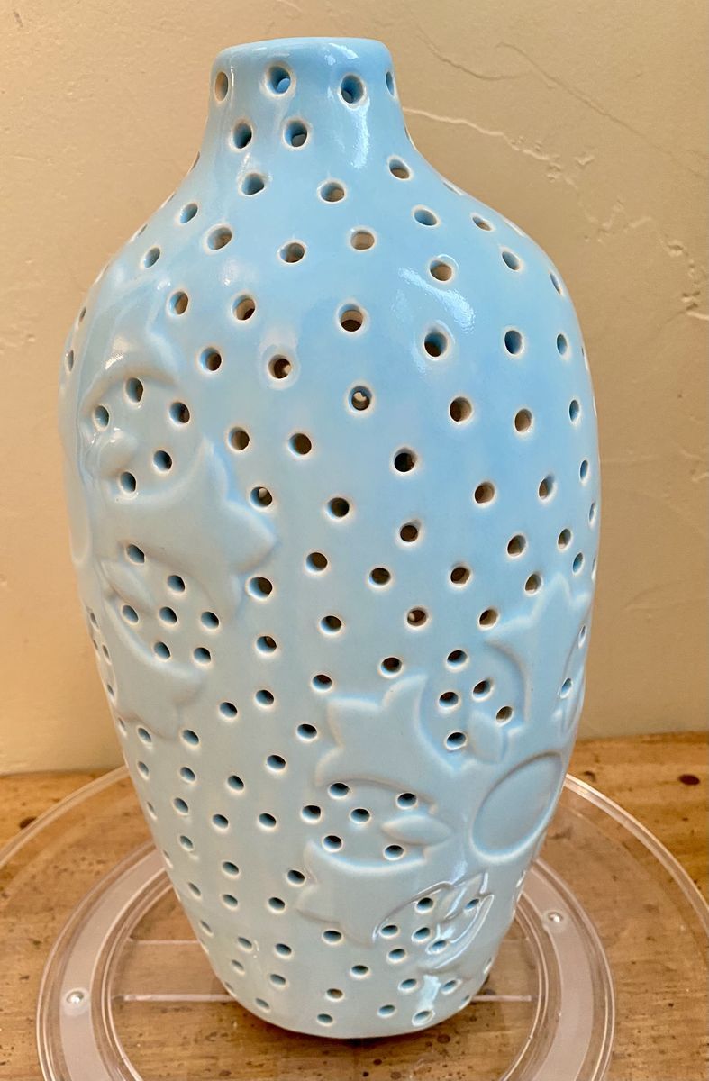 Light Blue Ceramic Perforated Vase with Relief Leaf Design - Would Be Beautiful W/ Fairy Lights Inside - C PIX