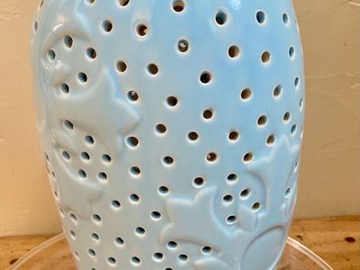 Light Blue Ceramic Perforated Vase with Relief Leaf Design - Would Be Beautiful W/ Fairy Lights Inside - C PIX
