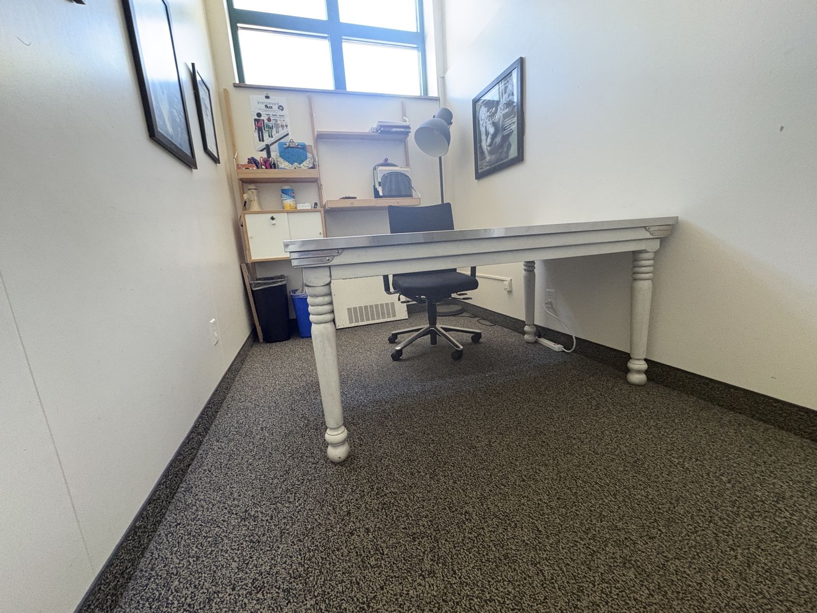 Large White Farmhouse Style Table with Metal Top - Versatile Desk or Dining Table