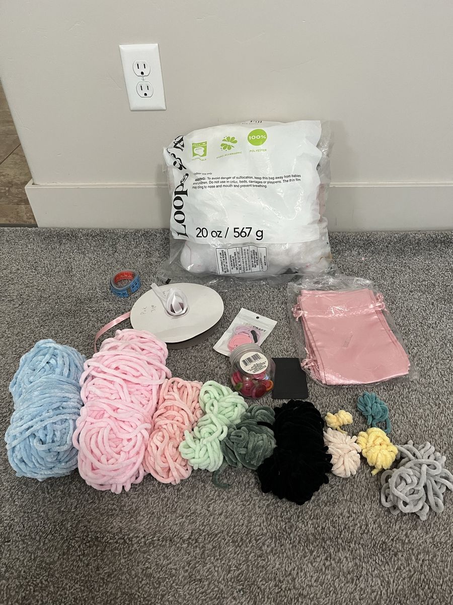 Velvet yarn lot, chenille yarn lot, fiber fill, satin bags, satin ribbon, counter, craft supplies
