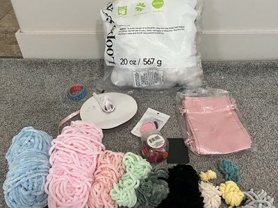 Velvet yarn lot, chenille yarn lot, fiber fill, satin bags, satin ribbon, counter, craft supplies