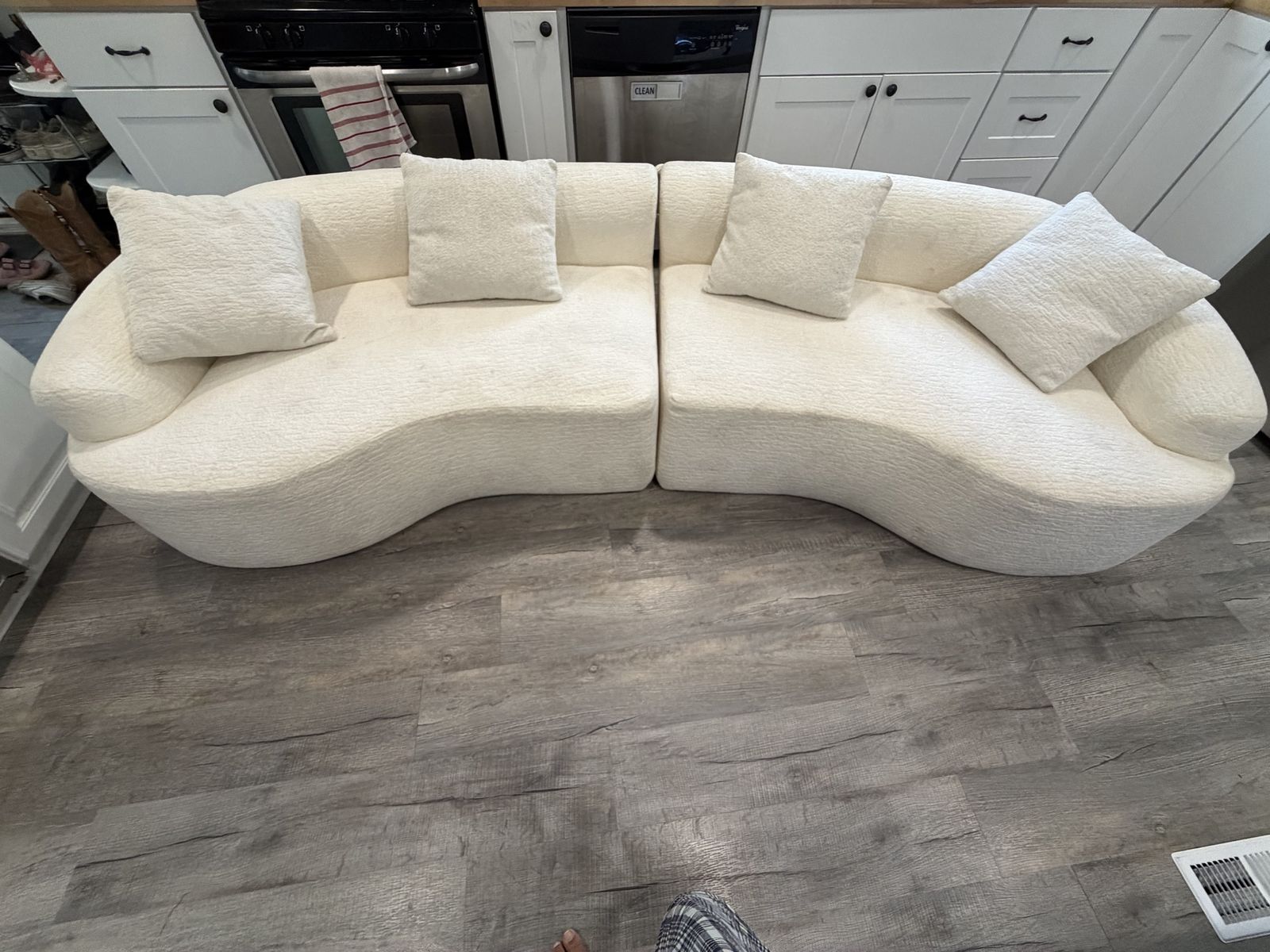 Modern Curved Boucle Sectional Sofa in Cream with Matching Pillows