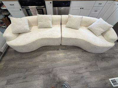 Modern Curved Boucle Sectional Sofa in Cream with Matching Pillows