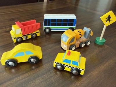 5 Wood Toy Vehicles Car Bus Taxi Cement Mixer Dump Truck