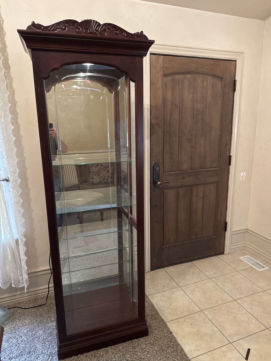 Elegant Wooden Curio Display Cabinet with Glass Shelves and Lighting