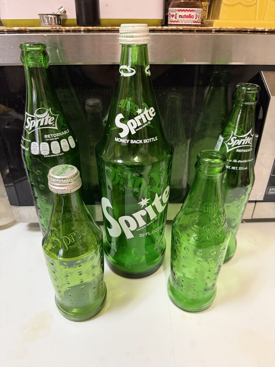 Vintage Sprite Green Glass Soda Bottles - Mixed Lot of 5 - Various Sizes