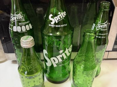 Vintage Sprite Green Glass Soda Bottles - Mixed Lot of 5 - Various Sizes