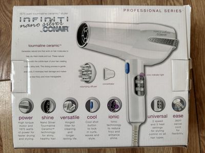 New Conair Infiniti Pro Nano Silver 1875W Tourmaline Ceramic Hair Dryer w/ Diffuser