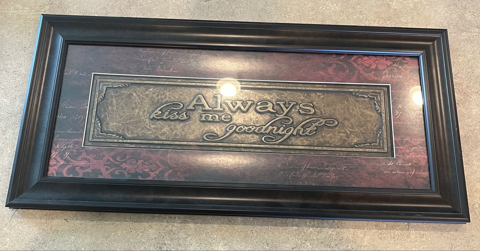 Framed Wall Art Decor "Always Kiss Me Goodnight" Black Frame Red Burgundy Background