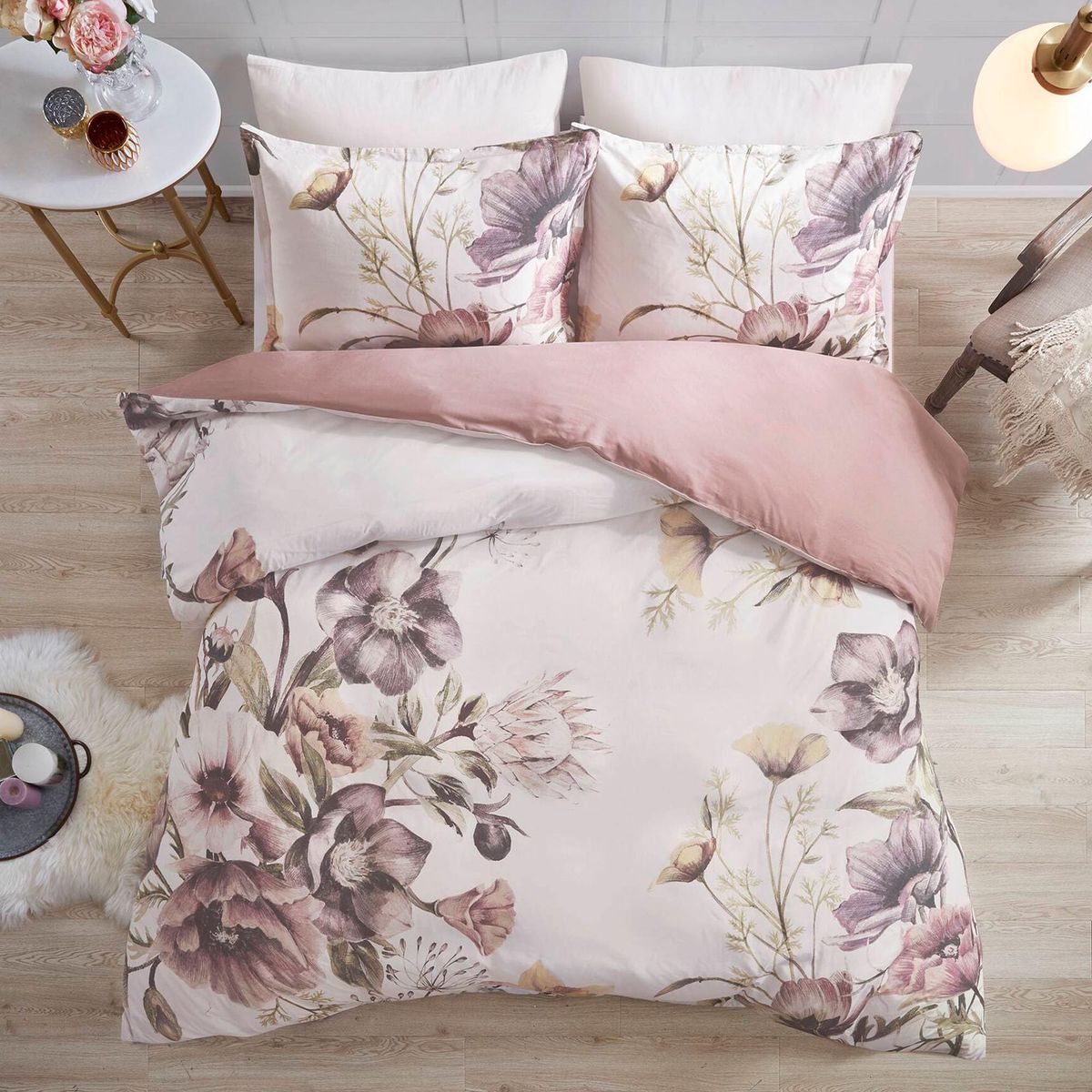 Floral Cotton Percale Duvet Cover Set - Blush Pink Reversible Botanical Bedding
