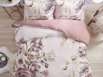 Floral Cotton Percale Duvet Cover Set - Blush Pink Reversible Botanical Bedding