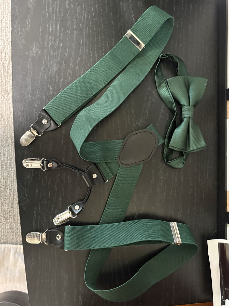 Green suspenders and bow tie