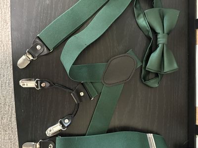 Green suspenders and bow tie