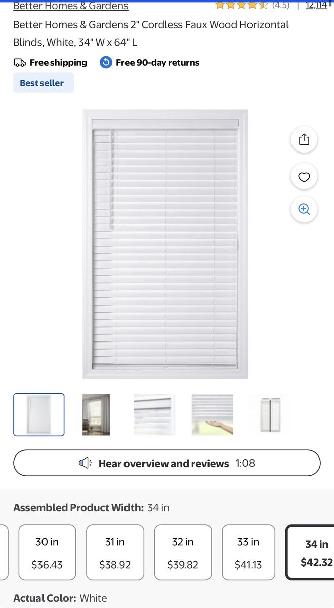 2” Cordless Faux Wood Blinds – White (34” x 64”)