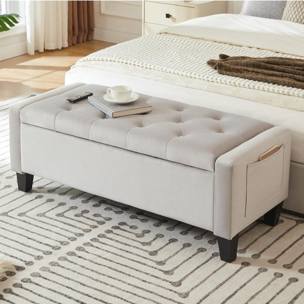NEW IN BOX VELVET STORAGE OTTOMAN BENCH – LIGHT GRAY | MODERN STORAGE SEAT WITH SIDE POCKETS