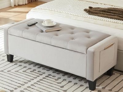 NEW IN BOX VELVET STORAGE OTTOMAN BENCH – LIGHT GRAY | MODERN STORAGE SEAT WITH SIDE POCKETS