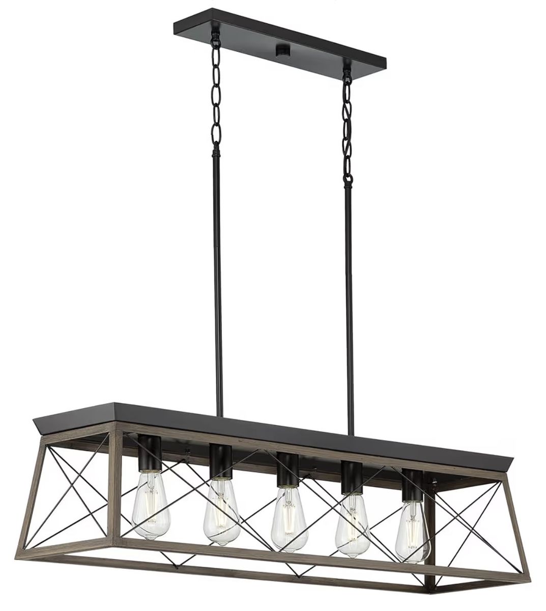 Industrial Farmhouse 5-Light Chandelier with Wood Frame & Black Accents