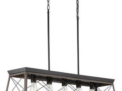 Industrial Farmhouse 5-Light Chandelier with Wood Frame & Black Accents