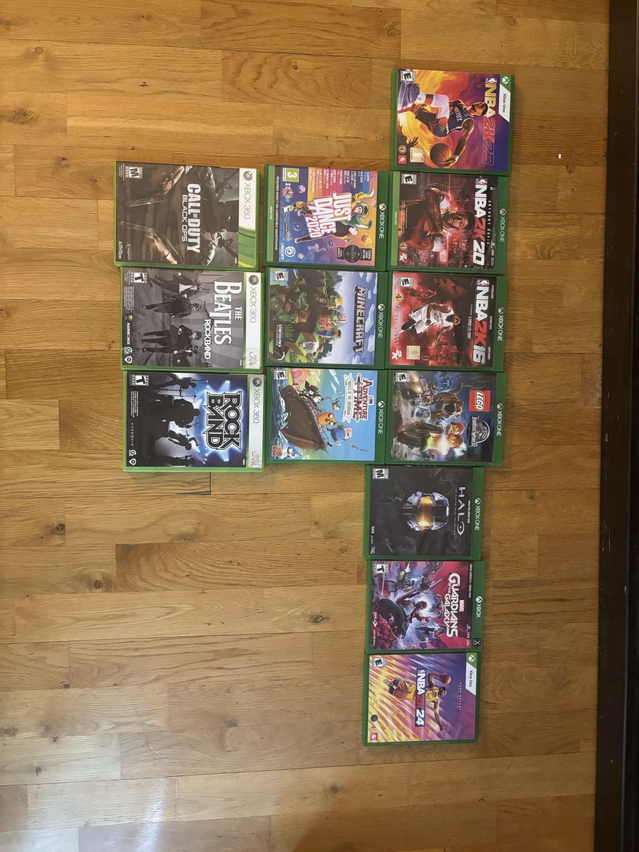 Xbox with controllers and games