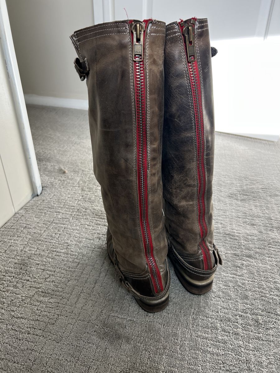 Freebird By Steven Distressed Brown Leather Knee-High Boots with Red Zippers - Women's Size 10