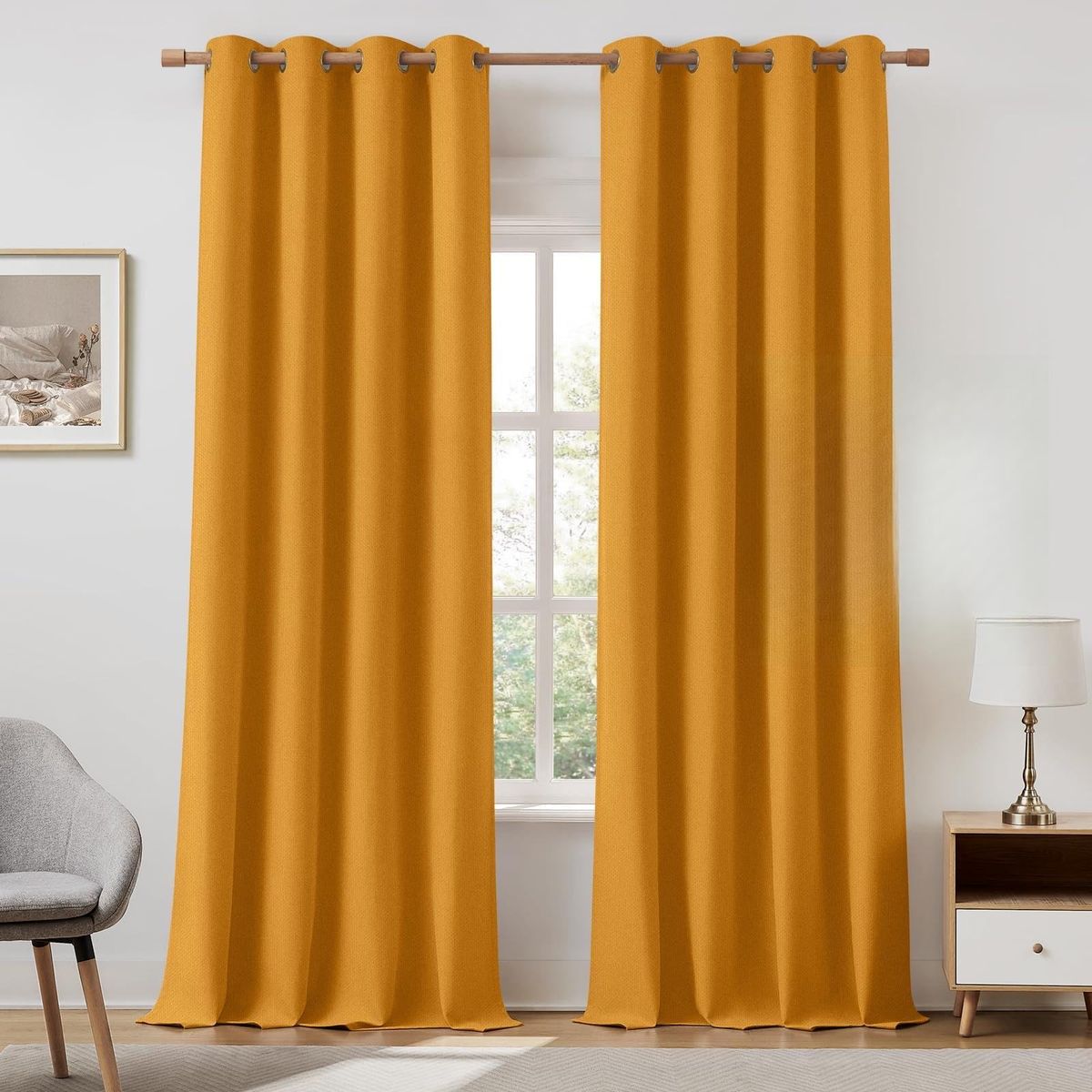New! HOMEIDEAS 100% Mustard Yellow Linen Blackout Curtains for Bedroom, 52 x 96 Inch Length 2 Panels Faux Linen Thermal Insulate