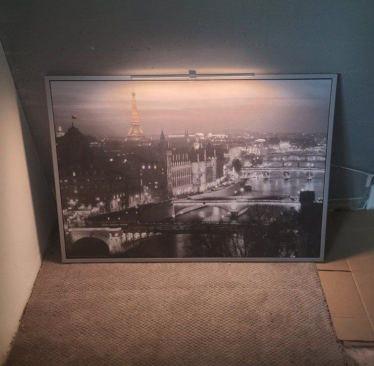Large Framed Paris Eiffel Tower Art Print Black & White Cityscape Wall Decor with LED Light.