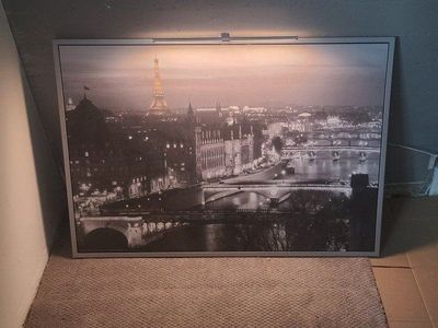 Large Framed Paris Eiffel Tower Art Print Black & White Cityscape Wall Decor with LED Light.