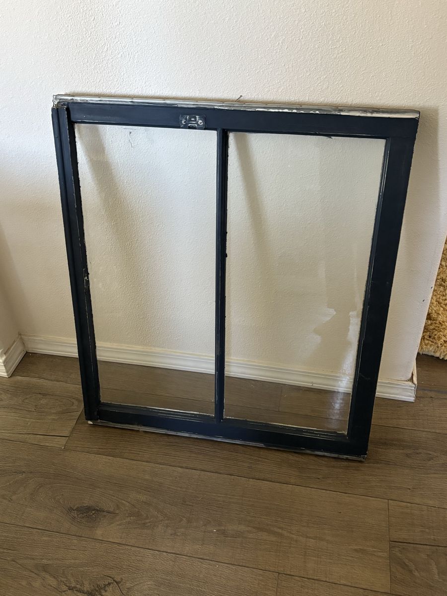Vintage Black Wood Window Frame with Two Glass Panes