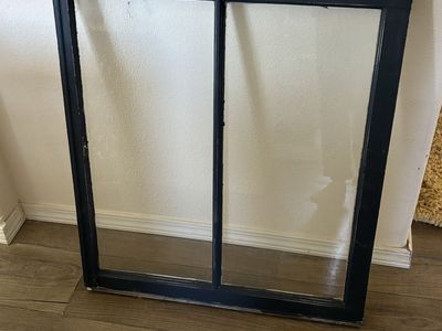 Vintage Black Wood Window Frame with Two Glass Panes