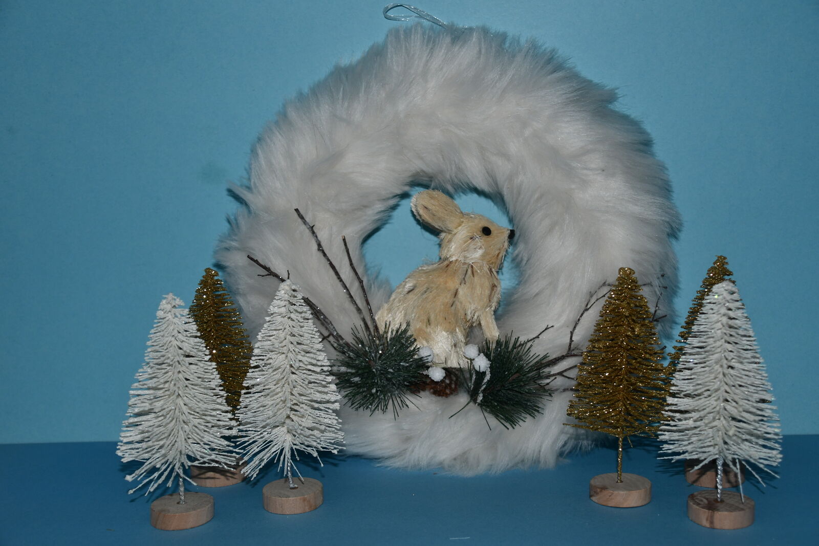 FLUFFY WHITE WREATH with BUNNY (12") + 6 WHITE & GOLD TREES (6") ~ CHRISTMAS