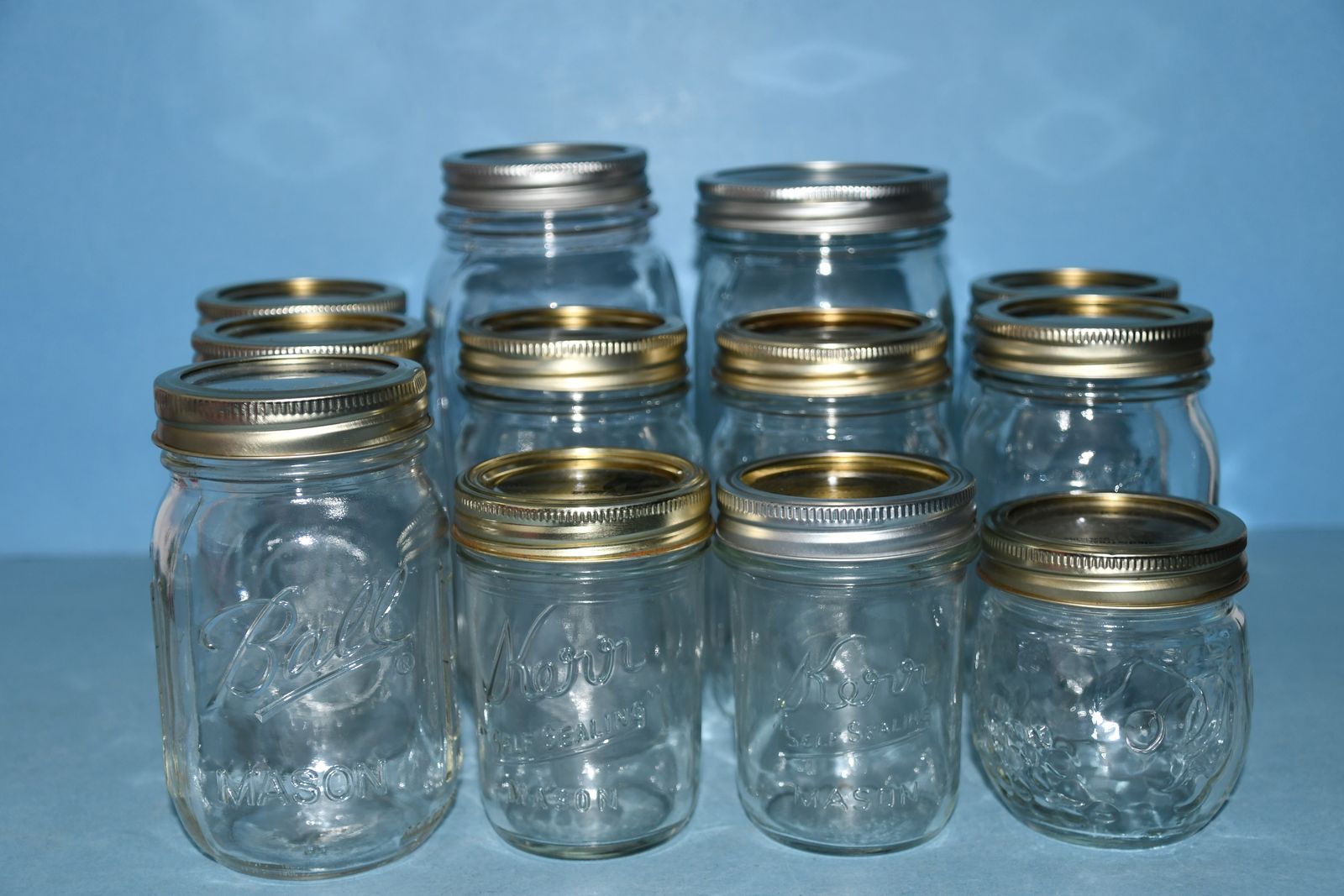 12 CANNING JARS ~ KERR, MASON & BALL ~ QUARTS, PINTS & JELLY JARS ~ LIDS & RINGS ~ CLEAN!