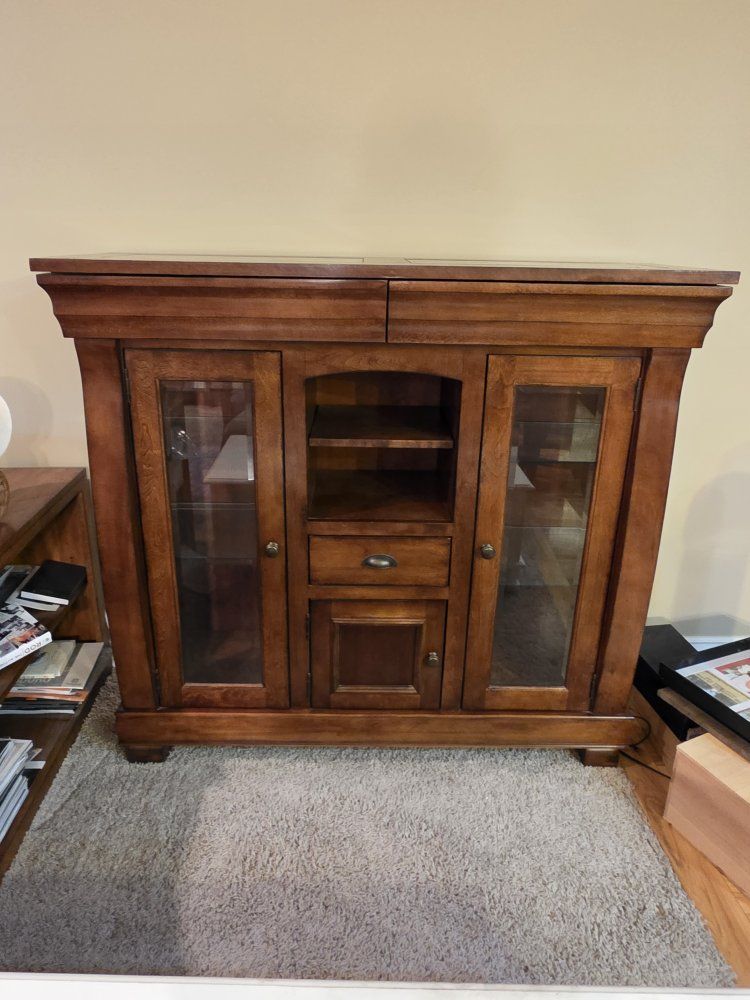 Wooden Buffet Server Cabinet with Granite Inlaid Top, Glass Cabinet Doors, and Pull-Out Drawers
